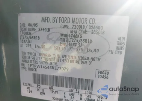 2005 Ford F-150 Fx4/Lariat/Xlt from USA, damaged, VIN 1FTPW14545KE77079